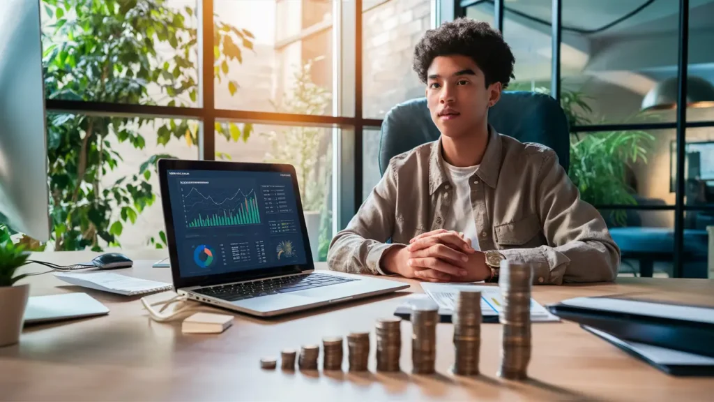 Adulto jovem sentado em mesa de escritório com laptop mostrando gráficos financeiros, moedas empilhadas e planta pequena ao lado.